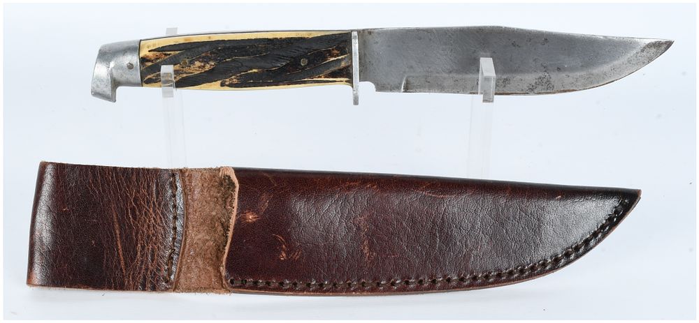 Lot 275: Vintage Stag Handled Fixed Blade Hunting Knife with Leather Sheath