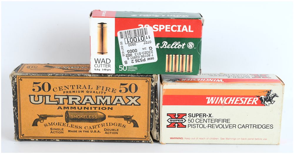 Lot 292: A Collection of 300 Pistol Cartridges, Three Commercial Ammunition Boxes