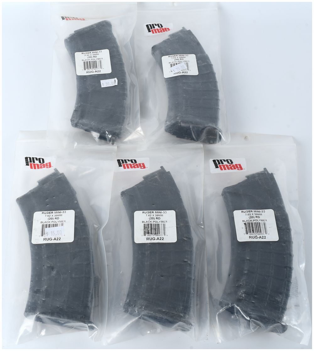 Lot 296: ProMag Industries Group of Five (5) 20-Round Black Polymer Magazines for Ruger Mini-30 7.62x39MM
