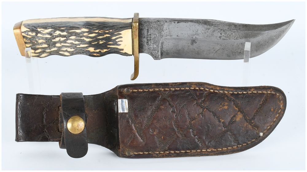 Lot 335: CRAFTSMAN U.S.A. Vintage Stag Handle Clip-Point Hunting Knife and Leather Sheath