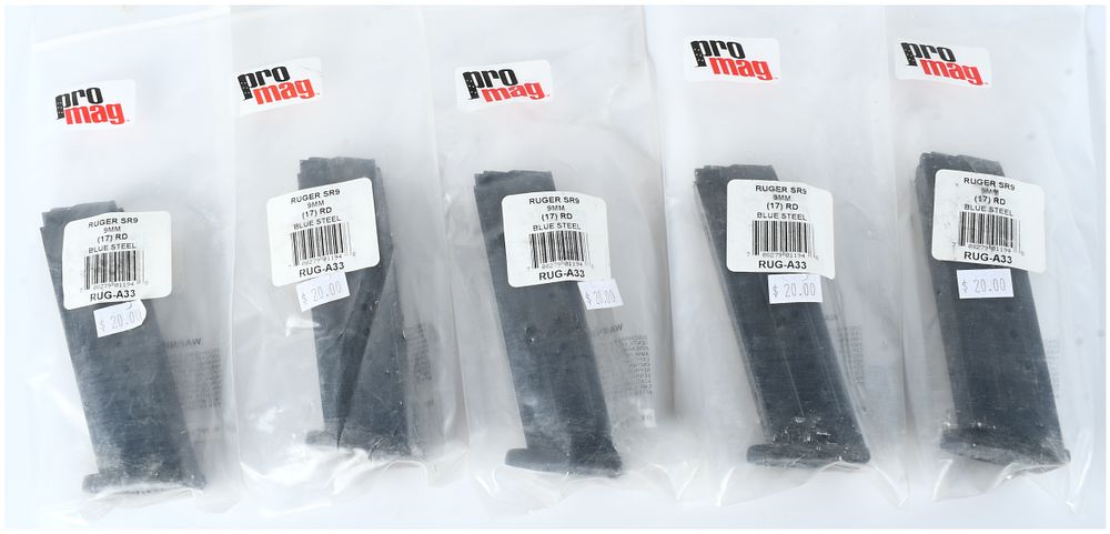 Lot 356: A Group of Five Pro Mag 17-Round 9MM Blue Steel Magazines for Ruger SR9 Pistols