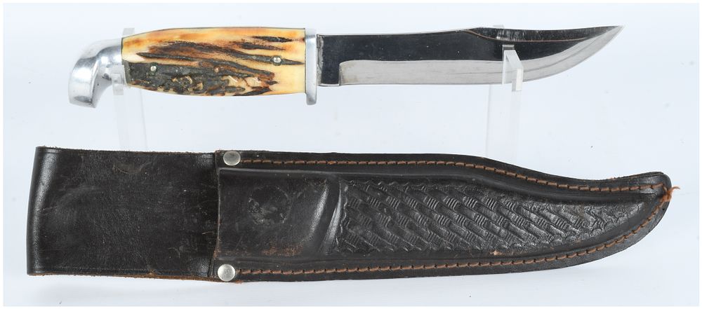 Lot 365: Kinfolks Flame Edge Super Hunter 568 TC Fixed Blade Knife and Leather Sheath