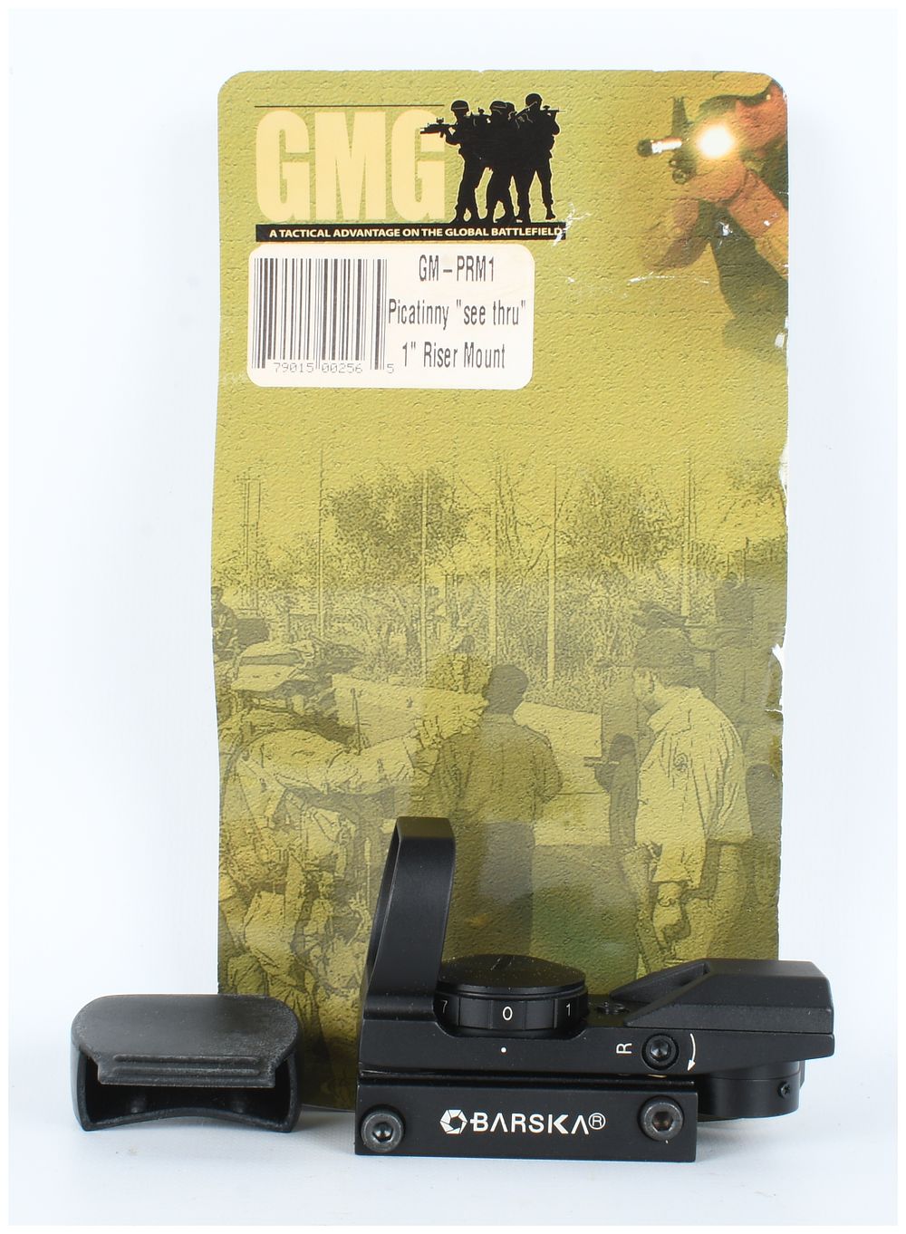Lot 383: Barska Open Reflex Sight and Global Military Gear GM-PRM1 Riser Mount Packaging