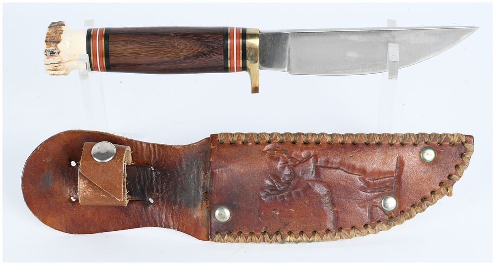 Lot 425: A Marbles USA Fixed Blade Hunting Knife with Stag and Wood Handle and Sheath