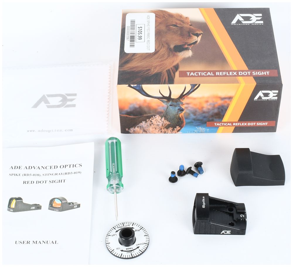 Lot 443: ADE Advanced Optics Spike RD3-018 Tactical Reflex Red Dot Sight and Accessories