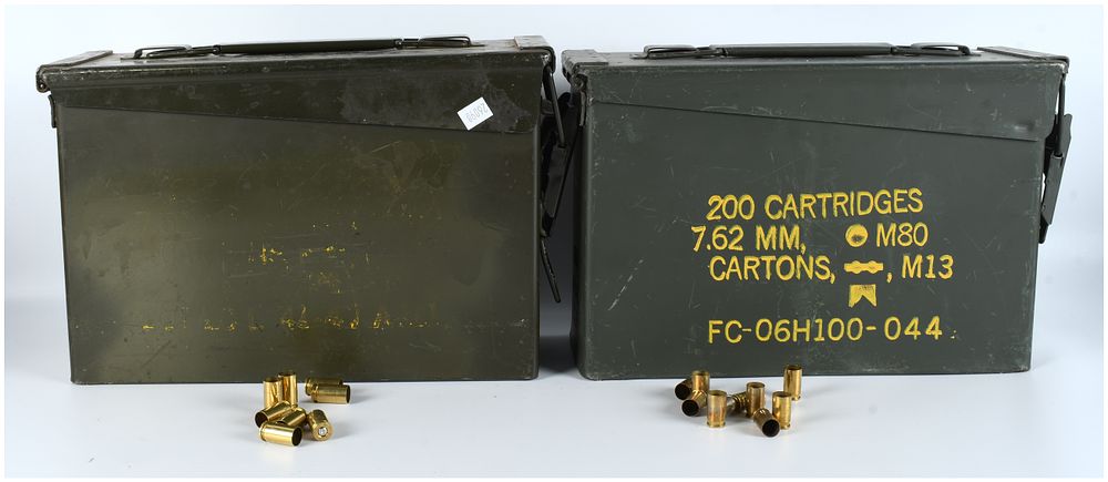 Lot 490: A Pair of Military Surplus Metal Ammunition Cans with Spent Brass Casings (7.62mm and .380 ACP)