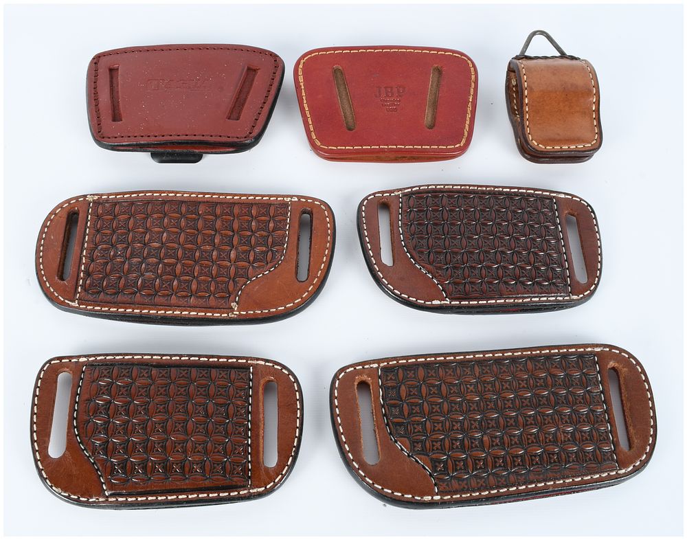 Lot 497: A Collection of 7 Leather Holster Backings, Utility Pads, and Sheaths including Tagua, JBP, and