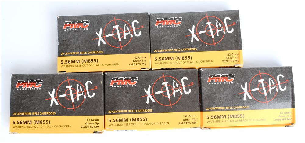 Lot 502: PMC X-TAC 5.56MM M855 62 Grain Green Tip Centerfire Rifle Ammunition Lot of 100 Rounds