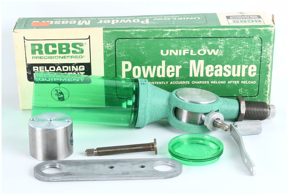 Lot 535: RCBS Uniflow Powder Measure Reloading Equipment with Accessories and Original Packaging