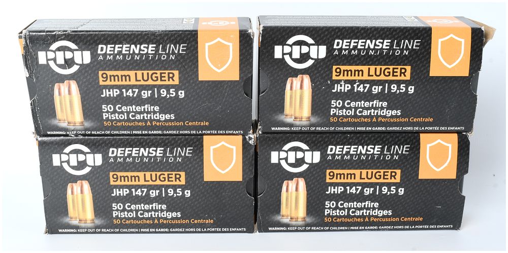 Lot 571: PPU Defense Line Ammunition 9mm LUGER JHP 147 Grain (Lot of 200 Cartridges)