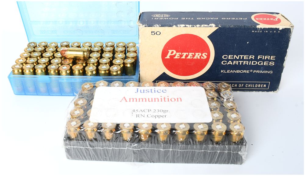 Lot 574: A Lot of 149 Items: .45 ACP Ammunition and Vintage Peters Cartridge Box