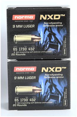 Norma NXD Non-Expanding Defensive Ammunition 9mm Luger 65 Grain Lot of 40 Rounds. A lot of 40 