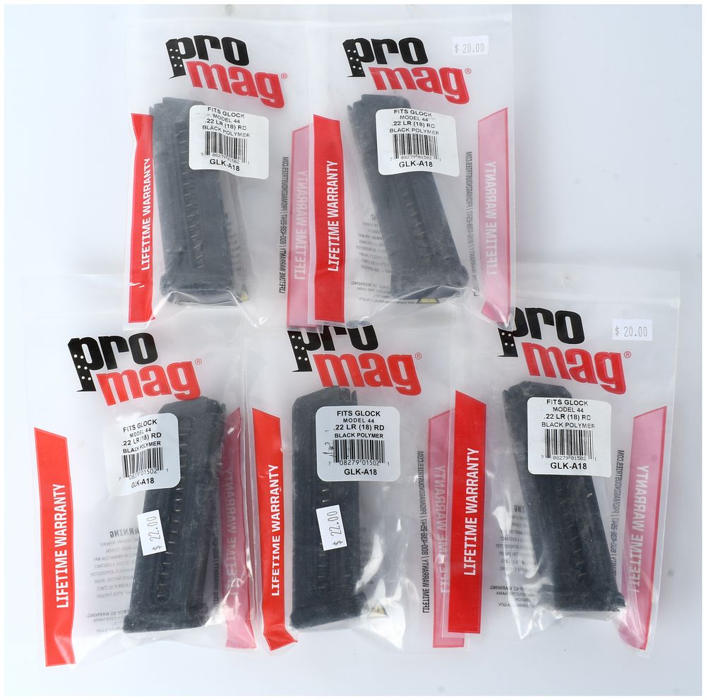 Lot 1055: A Group of 5 Pro Mag GLK-A18 18-Round Magazines for Glock Model 44 .22 LR