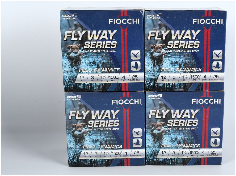 Lot 1060: Fiocchi Flyway Series Field Dynamics 12 Gauge #4 Steel Shot Ammunition Lot of 100