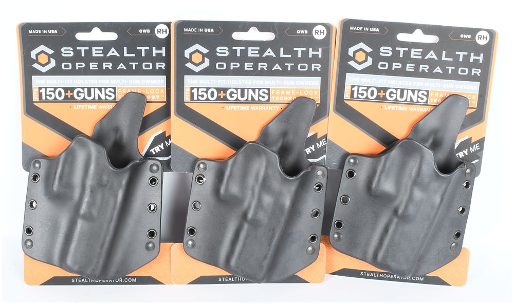 Lot 1082: Trio of Stealth Operator Multi-Fit OWB Right Hand Holsters Black Polymer