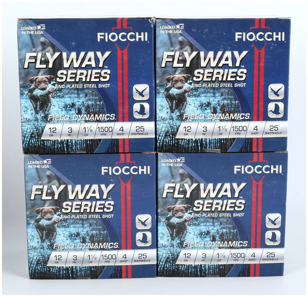Lot 1087: Fiocchi Fly Way Series 12 Gauge 3 Inch #4 Steel Shot Ammunition (Lot of 100)