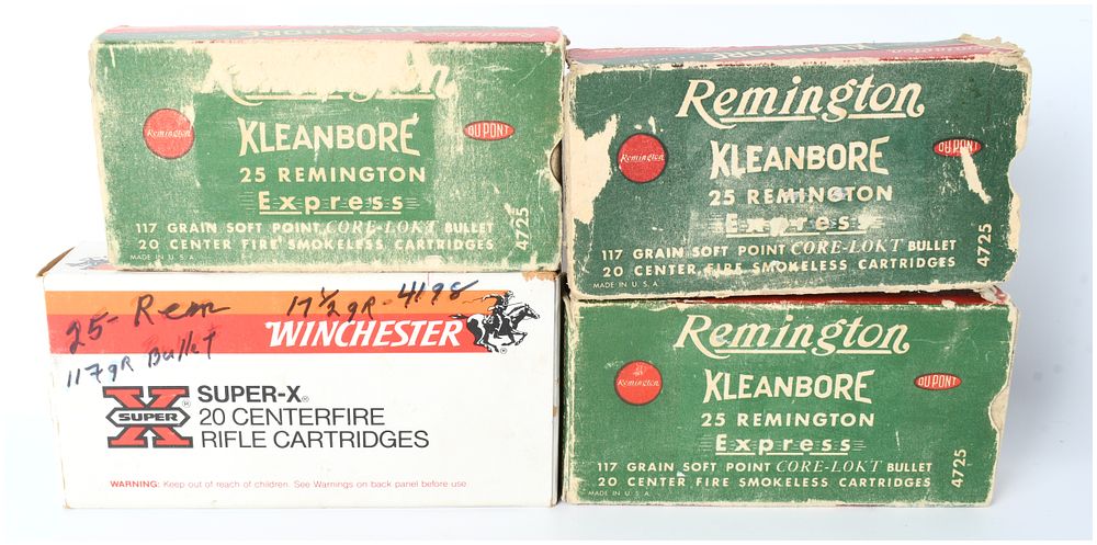 Lot 1099: A Lot of 71 Vintage .25 Remington Empty Brass Casings and Four Original Ammunition Boxes