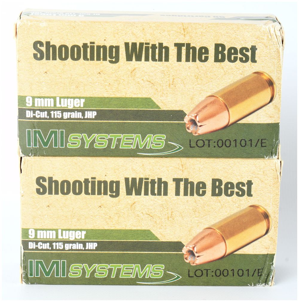 Lot 1102: A Lot of 100 Rounds of IMI Systems 9mm Luger 115 Grain Di-Cut Jacketed Hollow Point Ammunition