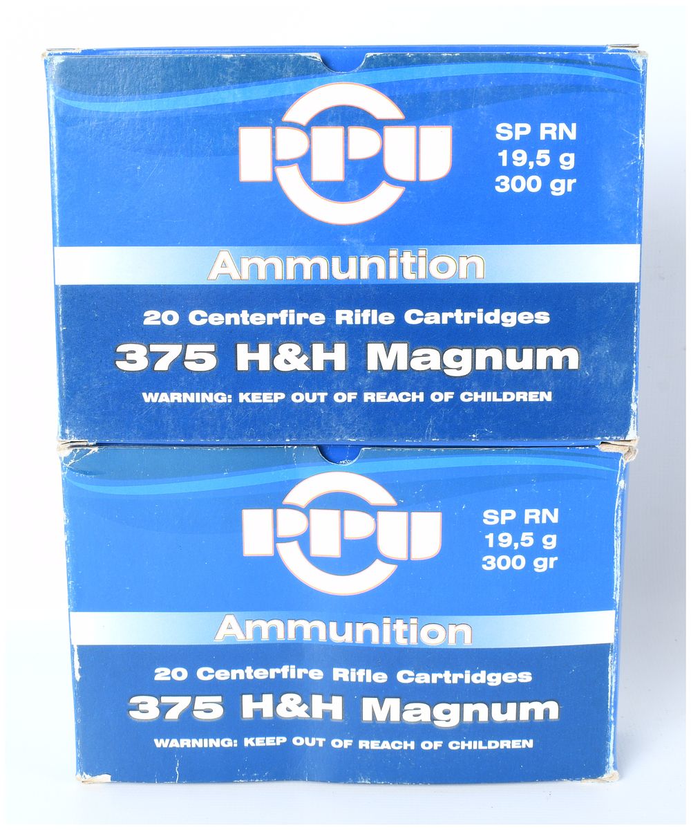 Lot 1111: PPU Prvi Partizan .375 H&H Magnum 300 Grain SP RN Ammunition Lot of 40 Cartridges