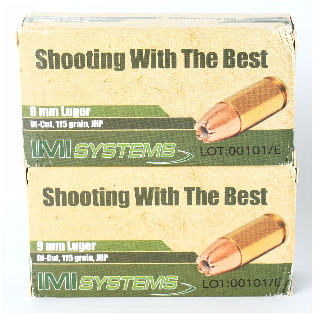 Lot 1132: IMI Systems 9mm Luger Di-Cut 115 Grain JHP Ammunition Lot of 100 Rounds