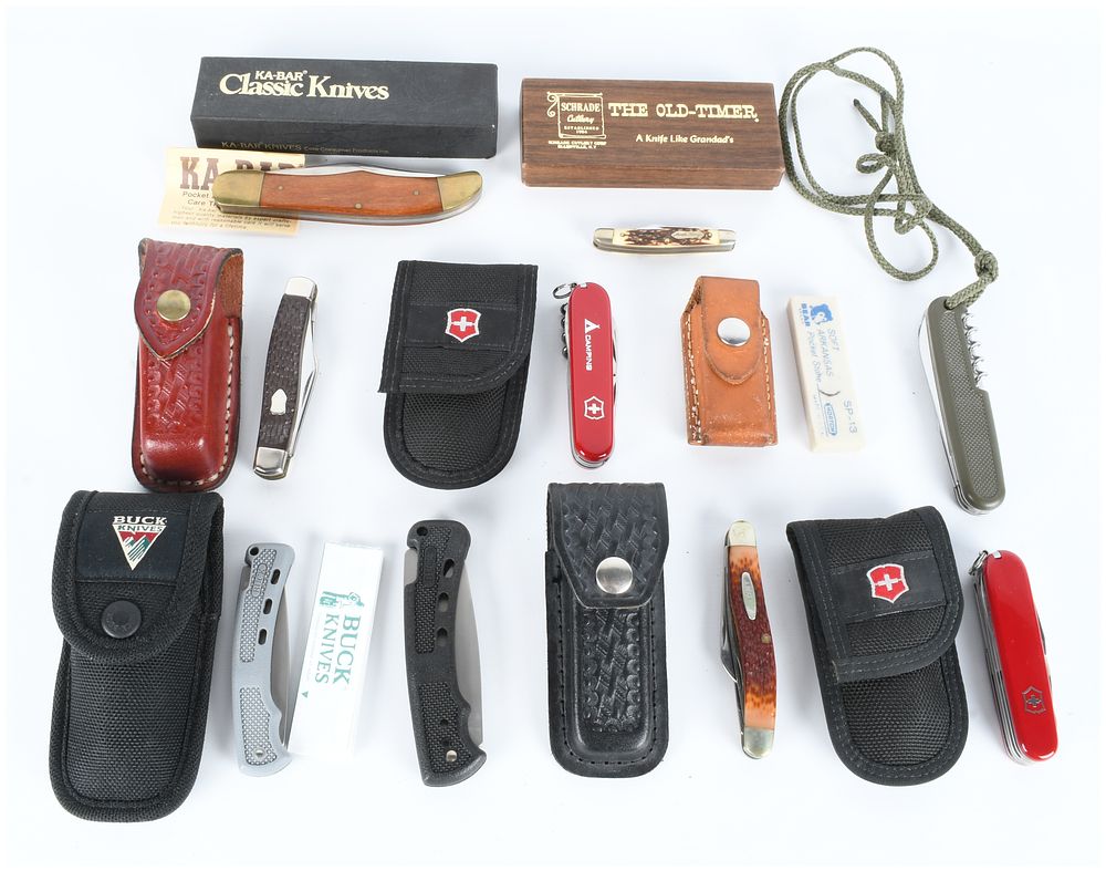 Lot 1136: A Collection of 9 Vintage Pocket Knife and Multi-Tool Lots including KA-BAR Schrade and Victorinox