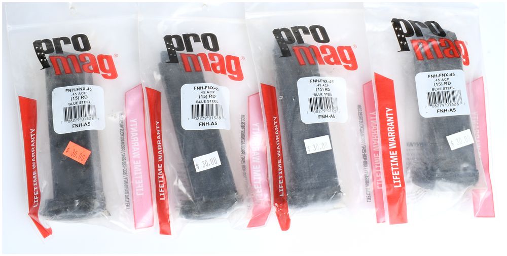 Lot 1145: A Collection of Four ProMag FNH-FNX-45 .45 ACP 15-Round Blue Steel Magazines