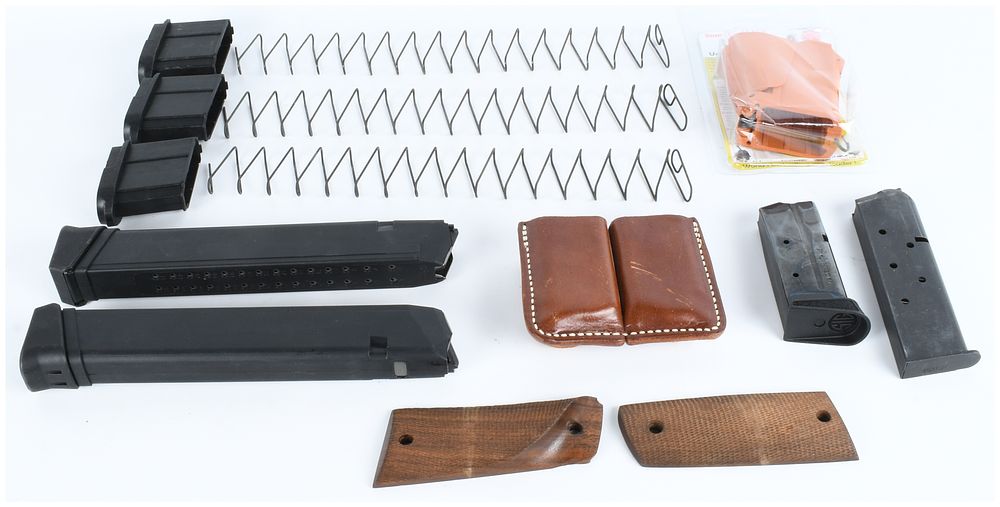 Lot 1151: A Collection of 10 Pistol Magazines and Accessories including Sig Sauer, RWB 9mm, 1911 .45 ACP, and Milt Sparks Leather