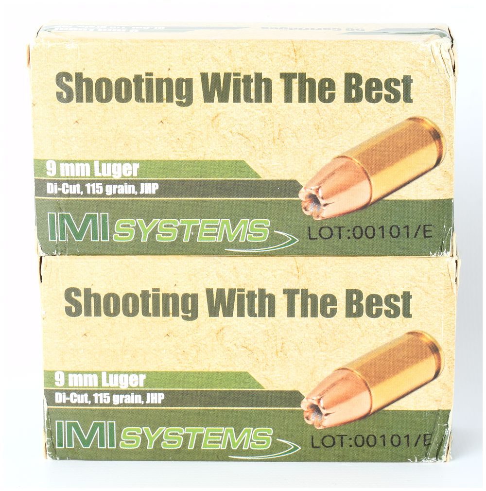 Lot 1162: IMI Systems 9mm Luger 115 Grain Di-Cut JHP Ammunition Lot of 100 Rounds