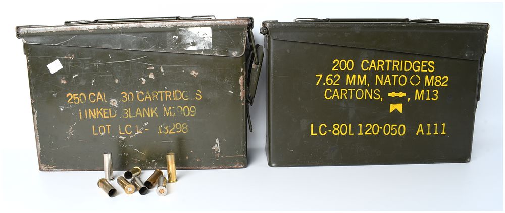 Lot 1180: A Collection of Two US Military Surplus Ammunition Cans and Spent Cartridge Casings