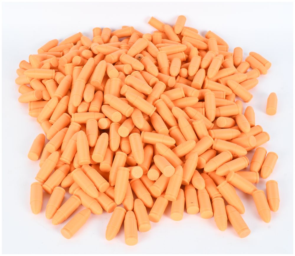 Lot 1190: A Large Lot of 9mm Luger Orange Polymer Dummy Rounds Snap Caps for Dry Fire Training