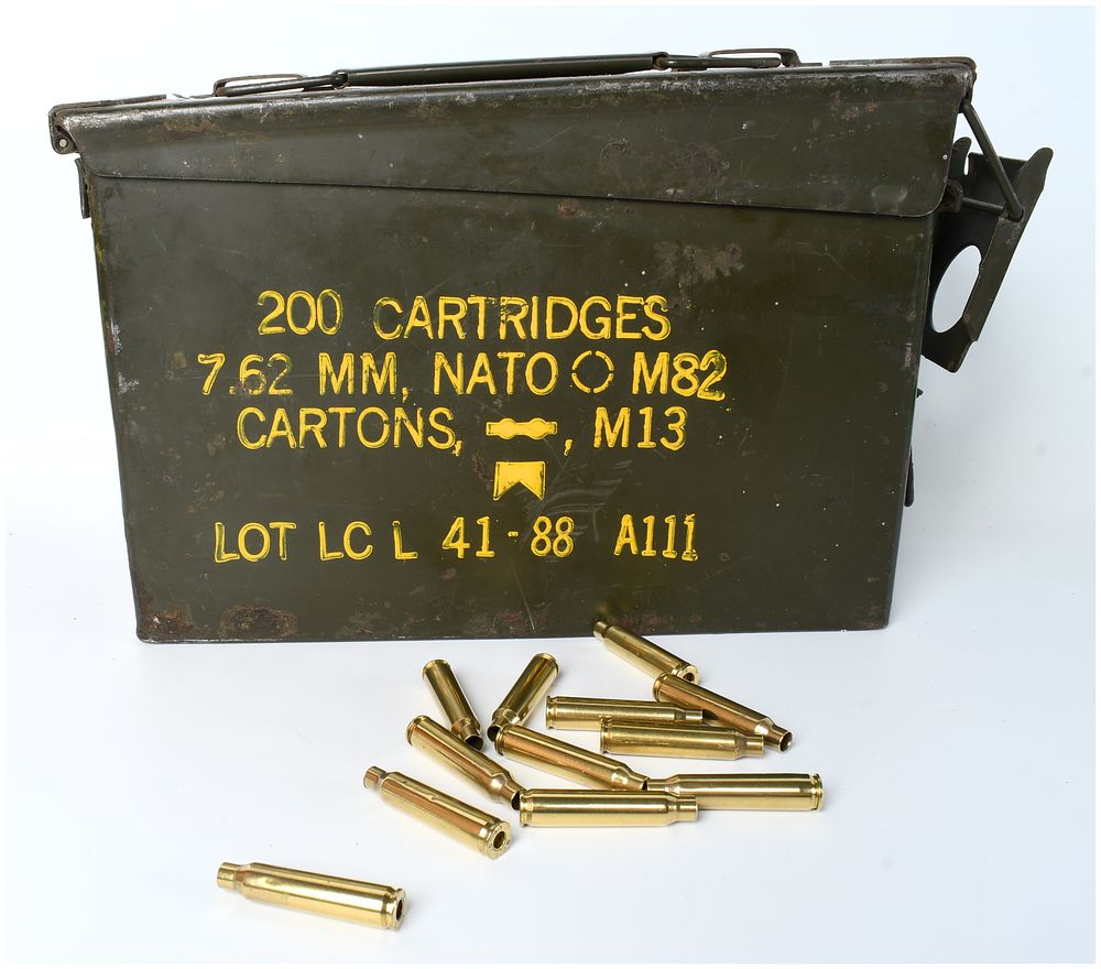 Lot 1210: Military Surplus 7.62mm NATO Ammunition Can with Bulk Lot of Cleaned Empty Brass Rifle Casings