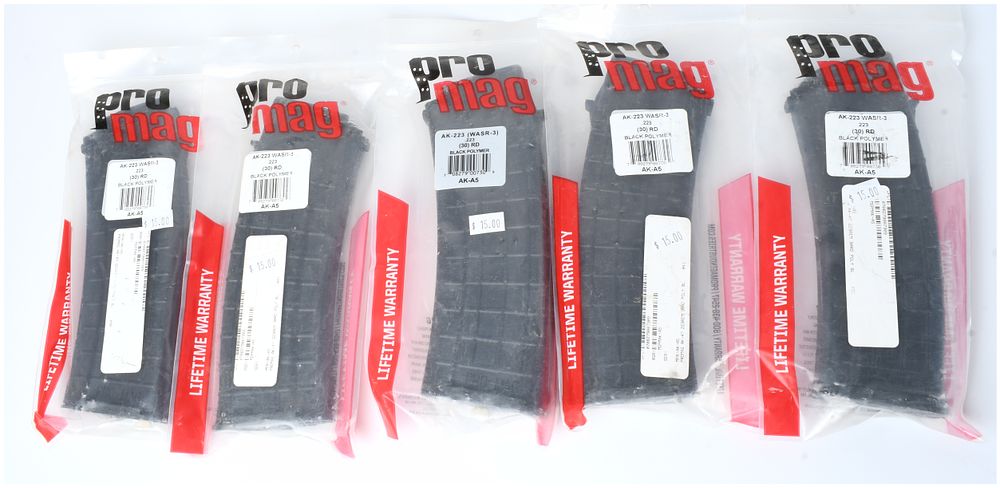 Lot 1235: A Group of Five ProMag AK-223 WASR-3 AK-A5 30-Round .223 Caliber Black Polymer Magazines