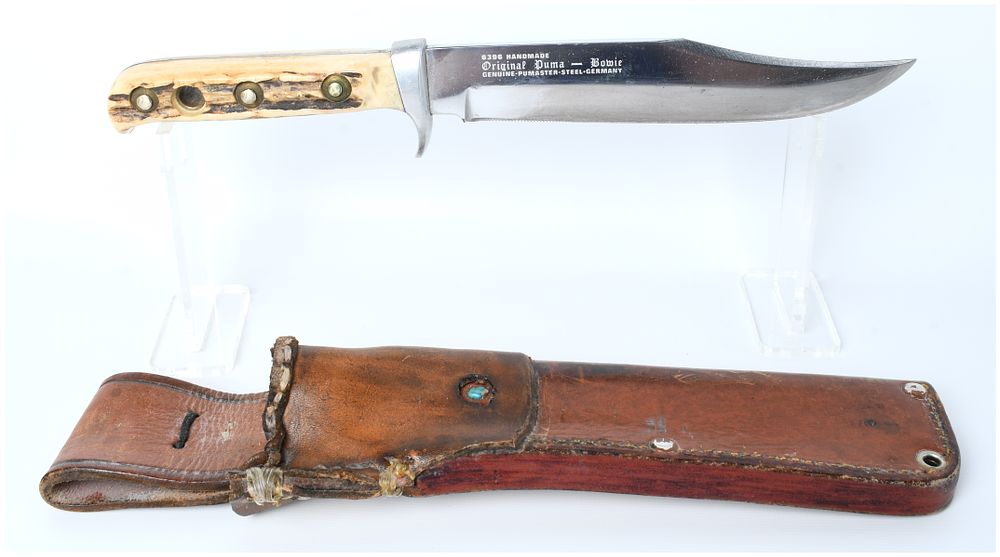 Lot 1247: Puma 6396 Handmade Original Bowie Knife with Stag Handle and Leather Sheath