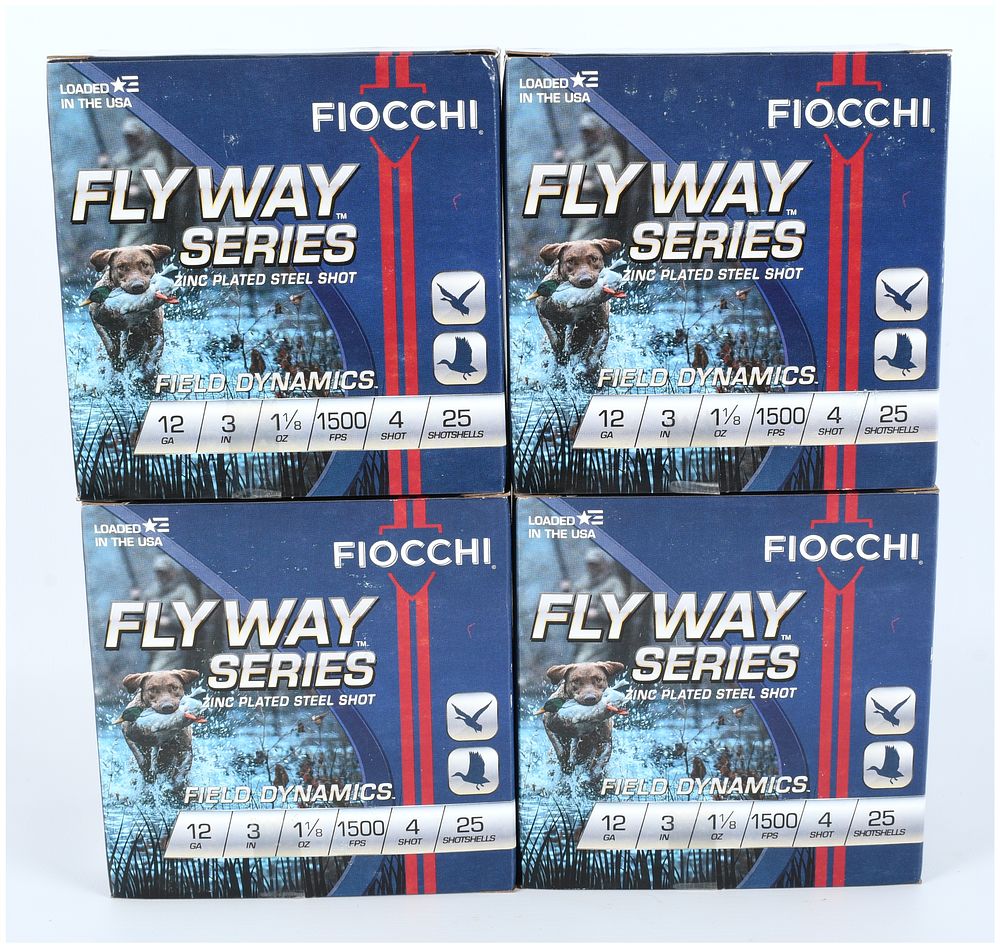 Lot 1300: A Lot of 100 Fiocchi Fly Way Series Field Dynamics 12 Gauge 3 Inch Waterfowl Shotshells