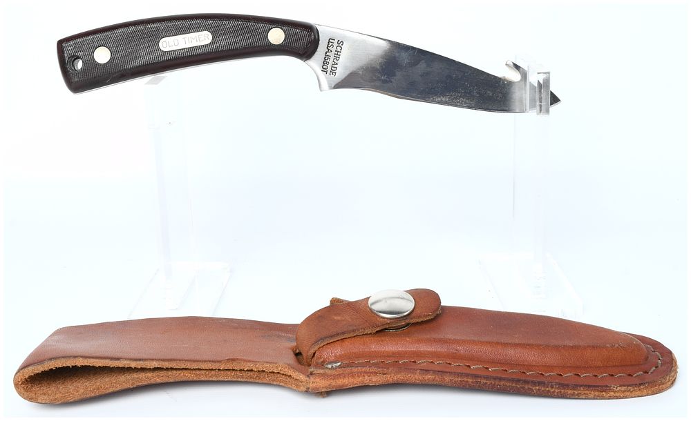 Lot 1313: Schrade USA JS80T Old Timer Fixed Blade Hunting Knife and Sheath