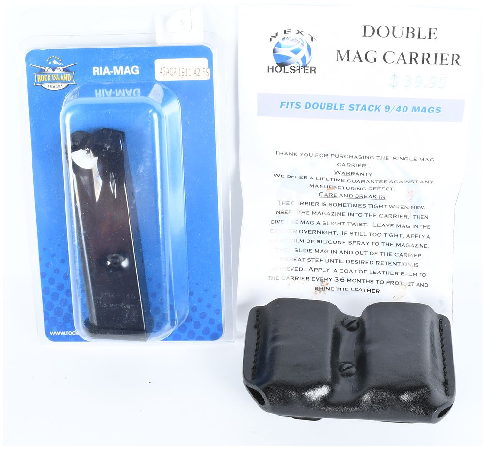 Lot 1322: A Lot of Two Pistol Accessories: Rock Island Armory .45 ACP Magazine and NEX Holster Double Magazine Carrier