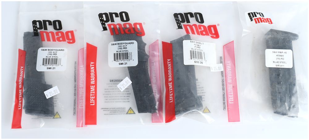 Lot 1355: A Collection of Four Pro Mag Blue Steel Pistol Magazines for S&W Bodyguard Shield and M&P-40