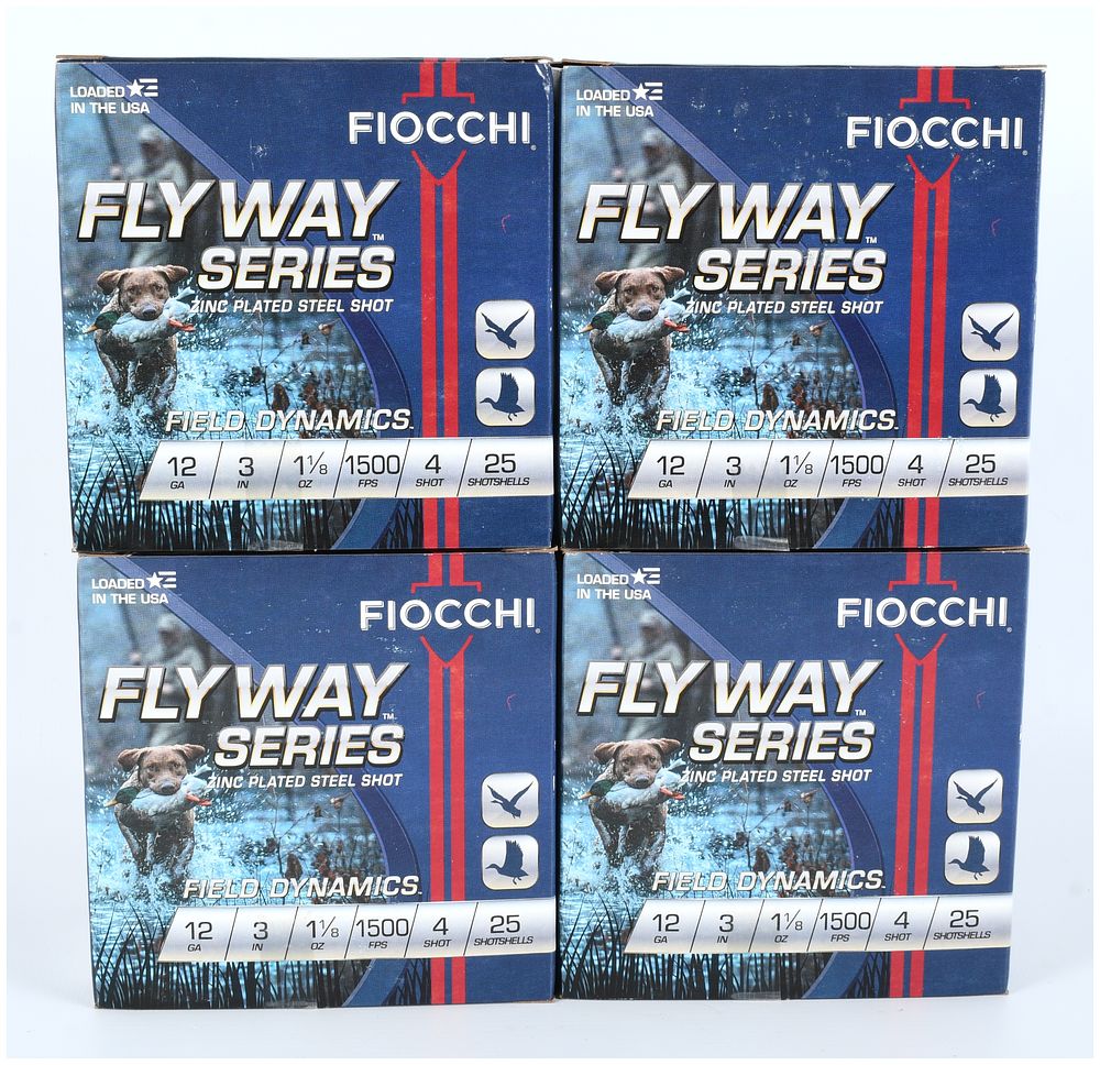 Lot 1357: Lot of 100 Fiocchi Fly Way Series Field Dynamics 12 Gauge 3 Inch Steel Shot Shells