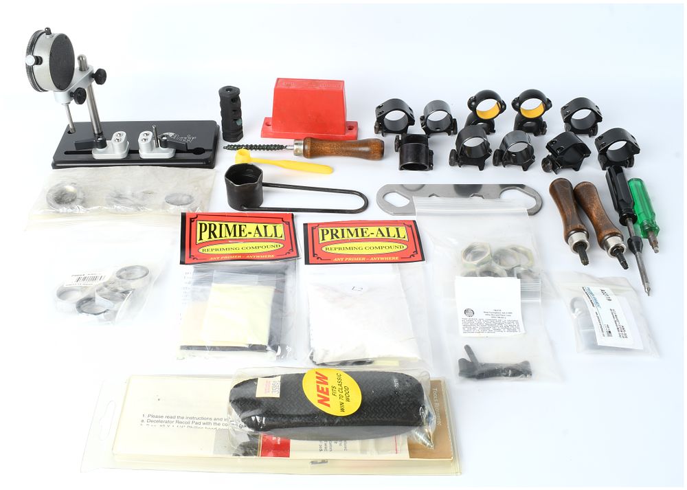 Lot 1373: A Lot of 31 Reloading, Gunsmithing, and Optics Accessories including Sinclair Concentricity Gauge and Recoil Pad