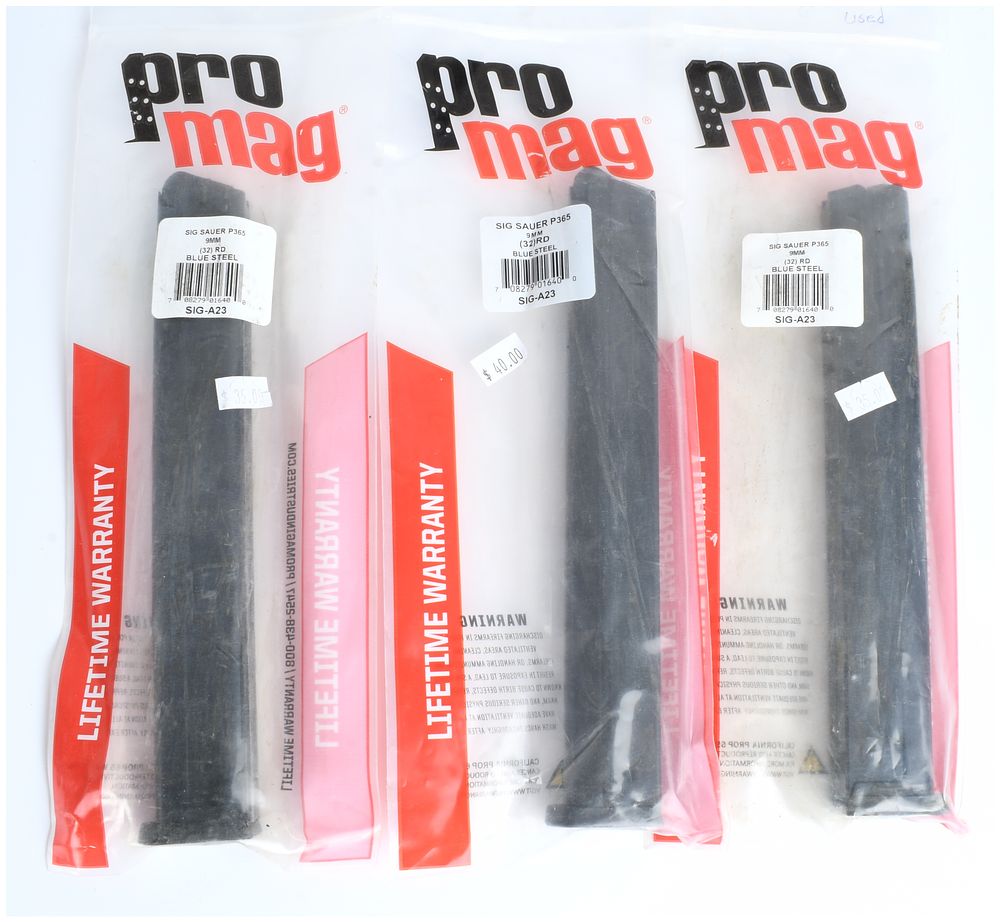 Lot 1385: A Trio of Pro Mag 32-Round Blue Steel Magazines for SIG SAUER P365 9MM