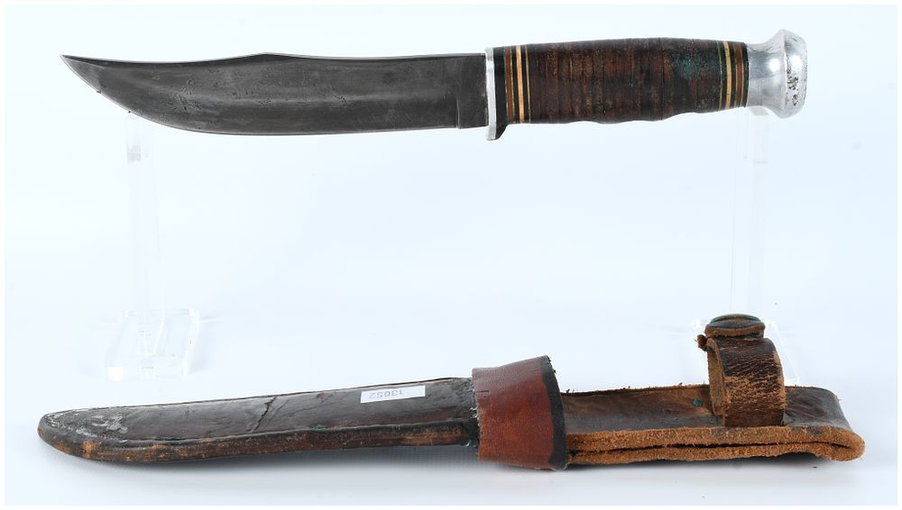 Lot 1397: Vintage Stacked Leather Grip Clip-Point Hunting Knife and Sheath