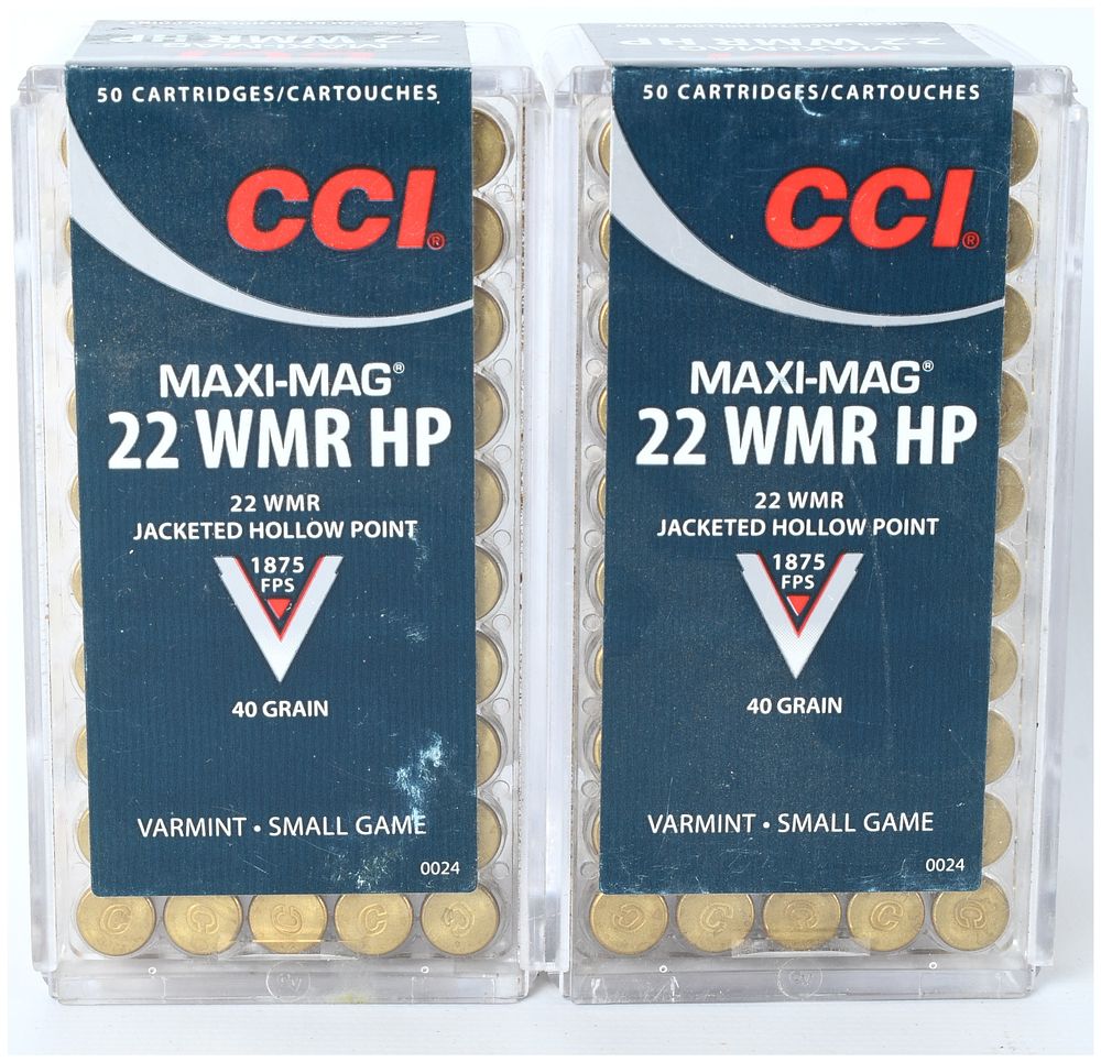 Lot 1405: A Lot of 100 Rounds CCI Maxi-Mag .22 WMR 40 Grain Jacketed Hollow Point Ammunition