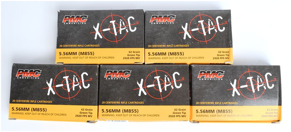 Lot 1411: A Lot of 100 PMC X-TAC 5.56MM M855 62 Grain Green Tip Centerfire Rifle Cartridges