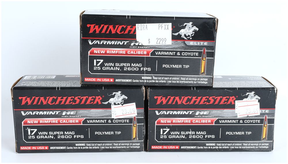 Lot 1450: Winchester Varmint HE Elite .17 Win Super Mag Rimfire Ammunition Lot of 196 Rounds