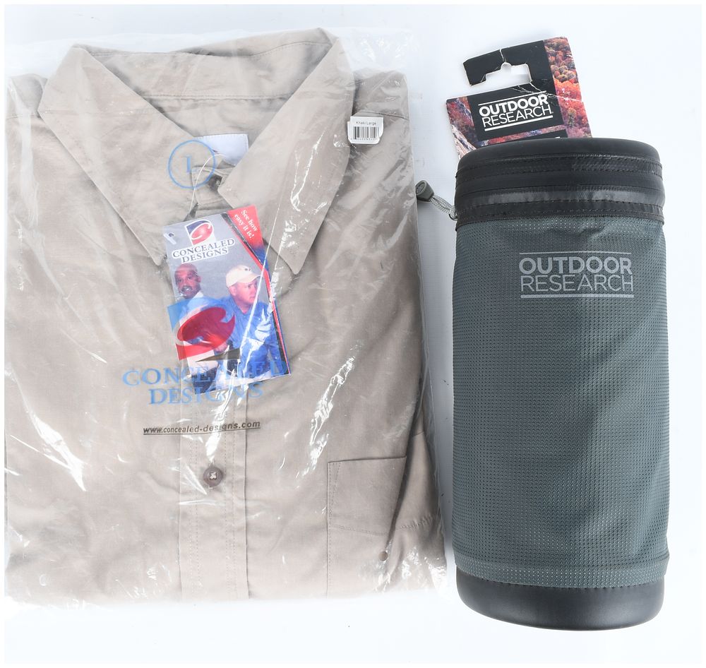 Lot 1451: A Pair of New Tactical and Outdoor Items Concealed Designs Shirt and Outdoor Research Water Bottle Parka
