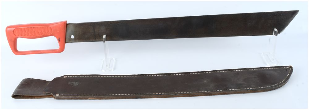 Lot 1463: Barteaux & Sons Heavy Duty Field Machete with Orange D-Guard Handle and Leather Sheath
