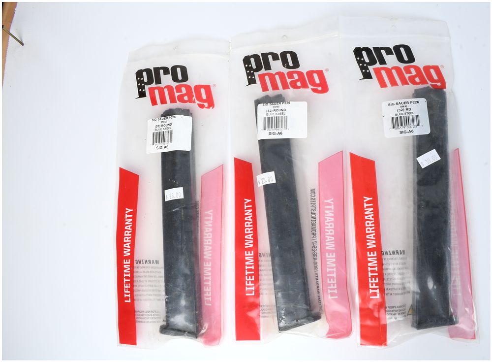 Lot 1565: Trio of ProMag 32-Round Blue Steel Magazines for SIG SAUER P226 9mm