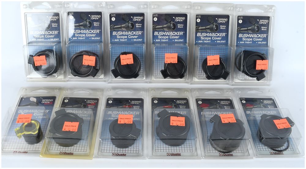 Lot 1570: A Collection of 13 Quake Industries Bushwacker Flip Open Scope Covers NOS