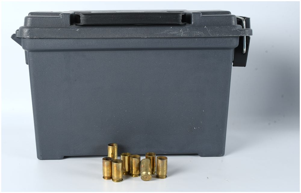 Lot 1579: Lot of Spent .45 ACP Empty Brass Casings in MTM Style Plastic Ammo Can