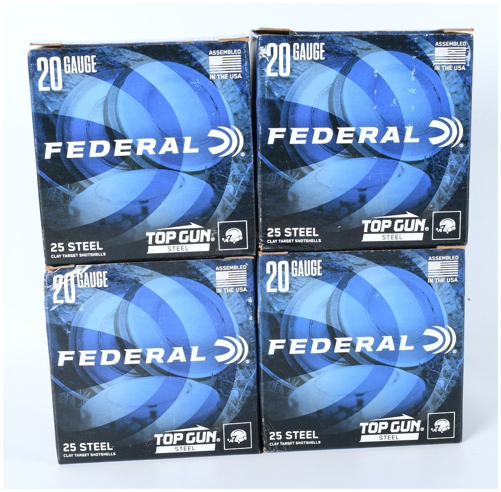 Lot 1597: Lot of 100 Federal Top Gun Steel Clay Target Shotshells 20 Gauge 2 3/4 inch #7 Shot